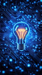 Poster - A blue circuit board background with a glowing light bulb icon in the center