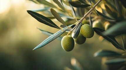 Canvas Print - Green olives on a branch of an olive tree with leaves in the sunlight.