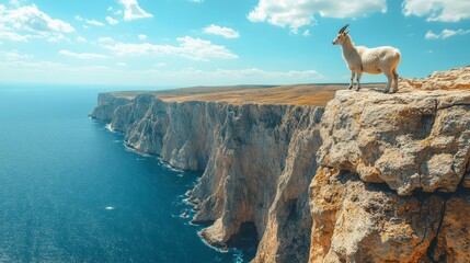 Wall Mural - Goat on a Cliff Edge Overlooking the Sea