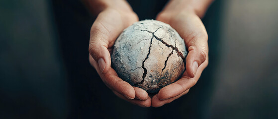 Hands holding a cracked earth globe, symbolizing environmental issues and climate change.