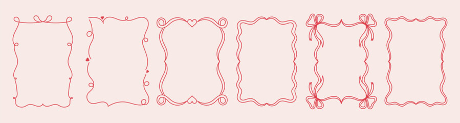 Poster - Vector abstract hand-drawn illustration in simple linear minimal style, decorative frames for prints, invitations, cards with bows and ribbons