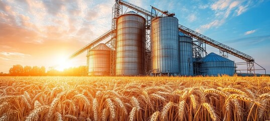 Golden Wheat Field at Sunset in Front Of Grain Storage Silos, Agriculture and Farming Industry