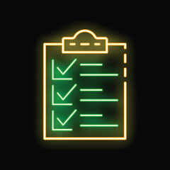 Poster - Glowing neon clipboard showing check marks on a black background