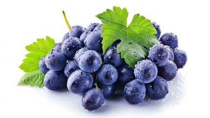 Refreshing Blue Grape Bunch Glistening with Leaves, Set Against a White Background -- Aspect Ratio 1