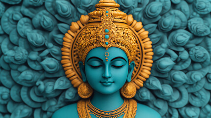 Vibrant blue statue of a deity surrounded by intricate floral designs, highlighted by gold accents. A symbol of spirituality and tranquility.