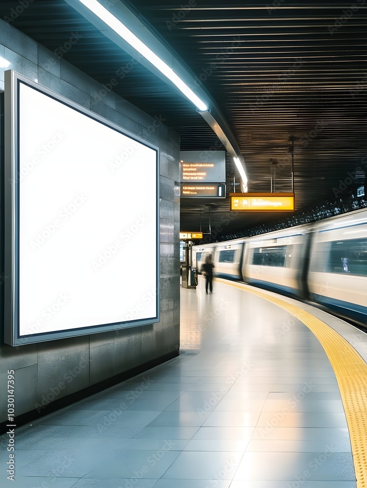 mockup of blank advertising billboard in a subway station with passing ...