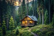 © Hugnaka - Minimalist cozy cabin surrounded by lush greenery in the wilderness