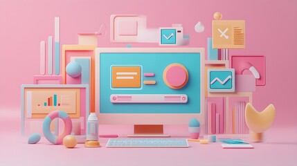 Poster - 3D Computer Screen with Colorful Geometric Shapes and Icons