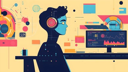Poster - Abstract Technology Illustration with Man Working at a Desk