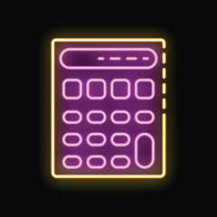 Poster - Glowing neon line calculator icon isolated on black background. Accounting symbol. Business calculations mathematics education and counting. Vector illustration