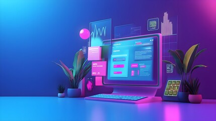 Poster - Futuristic Computer Desktop with Neon Lights and Plants