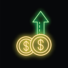Poster - Neon sign of a green arrow pointing up over a stack of golden coins, representing a concept of investment and financial growth