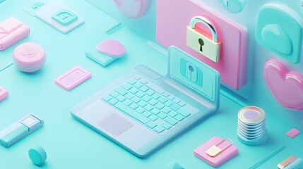Poster - 3D Rendered Pastel Laptop with Security Lock   Keyboard  and Mouse   Online Privacy Concept