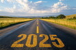 © seogi - A no one asphalt road with the number 2025 written on it stretching out between wide field under a blue sky. New Year, start, hope, success, future, beginning, goal, growth, development, dream, vision