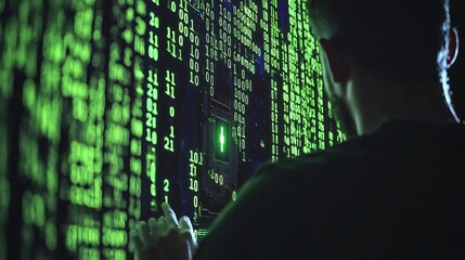 A hacker in a dark room facing a wall of encrypted data, with green code raining down but a bright, impenetrable lock in the center.