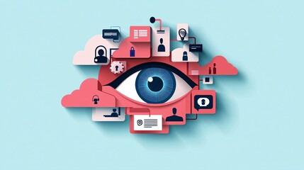 Poster - an eye peering through layers of privacy shields and data firewalls, representing surveillance and t
