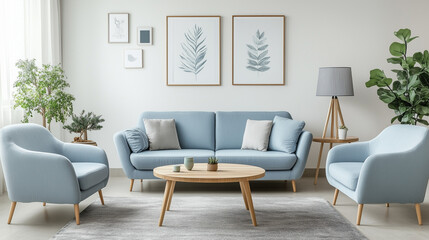 A light blue three-seater sofa with wooden legs, along with two armchairs and a coffee table