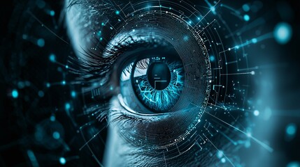 Poster - An eye peering through layers of privacy shields and data firewalls, representing surveillance and the need for secure digital environments.