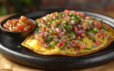 A vibrant dish featuring a tortilla topped with cheese, fresh salsa, and herbs.