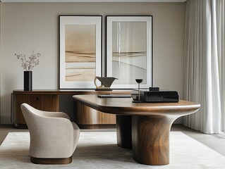 Modern office interior with a large wooden desk, a beige armchair, and two framed artworks.