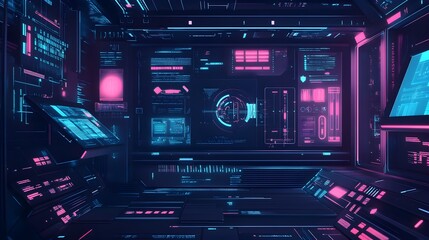 Poster - Futuristic Tech Room with Neon Lights and Screens