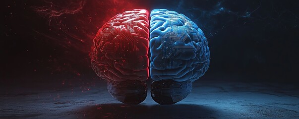 Poster - A digital brain split in half, one side red and the other blue with circuit patterns on it