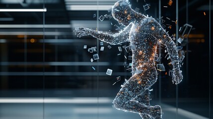 Poster - a futuristic human figure made of pixels with pieces of personal data floating around, while locks s