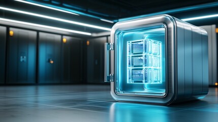 Poster - An AI assistant glowing in blue light, securely holding private information in the form of glowing data cubes inside a digital vault.