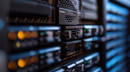 Poster - Close-up of Server Racks with Network Connections and Lights