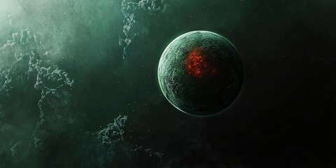 One red moon orbiting a green planet in outer space.