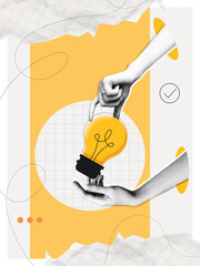 Trendy Halftone Collage Two Hands holds lightbulb. Creative mind or brainstorm. Create creative idea concept. Business solutions. Think outside the box. Marketing time. Contemporary vector art