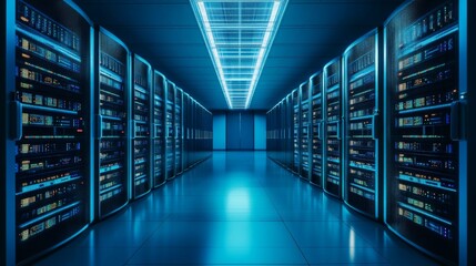 Poster - Rows of Servers in a Blue Lit Data Center