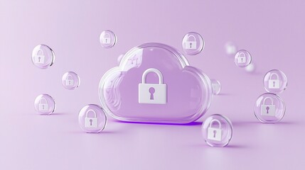 Poster - A secure cloud icon surrounded by floating personal data points, each wrapped in a protective layer of encryption and padlocks.