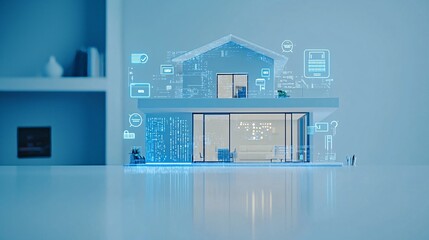 Poster - a futuristic smart home surrounded by a digital fence made of security symbols and encrypted data, r