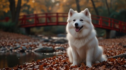 A white fluffy dog with a happy expression sits in a park on a bed of orange leaves with a red bridge in the background.