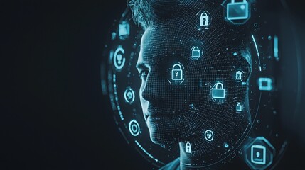 Poster - A person's face surrounded by a floating circle of glowing privacy icons locks, keys, and encrypted symbols indicating their personal data security.