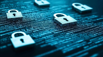 Poster - A glowing privacy policy document with digital padlocks surrounding it, while a hacker tries to break in but is blocked by security layers.