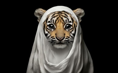 A small, cute tiger with oversized round eyes dressed in a ghost costume, with the text 'THIS IS MY GHOST COSTUME' on a black background