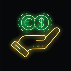Poster - Neon signboard style illustration of a hand holding euro and dollar coins, representing the concept of currency exchange