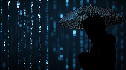 Poster - a digital silhouette holding up a glowing umbrella, deflecting streams of data trying to breach thei