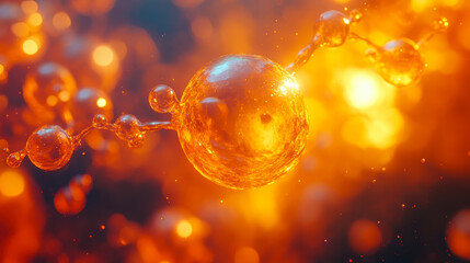 Poster - Vivid 3D Visualization of Molecular and Atomic Structures with Glowing Amber Light, Highlighting Complex Scientific Concepts in Modern Chemistry and Physics