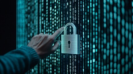 Poster - A person's hand hovering over a glowing digital padlock, symbolizing secure data, with binary code streaming in the background.