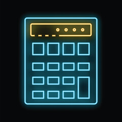 Poster - glowing neon line calculator icon isolated on black background. accounting symbol. business calculat