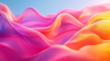 Poster - Abstract background with colorful waves of flowing fabric in motion against a blue sky, colorful abstract wavy shapes in pink and yellow colors