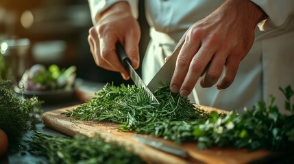 Close-up of hands in a chef's uniform carefully sliced curly grass on a wooden board, surrounded by fresh herbs and kitchen utensils