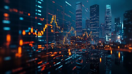 Poster - A digital background featuring financial charts and graphs, representing stock market data orhibocha grid with glowing light effects on the right side of composition