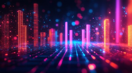 Poster - Digital background featuring colorful bar graph and line chart, glowing light effects on a dark backdrop, financial graphs with neon accents