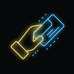 Poster - Glowing neon hand holding a credit card, perfect for illustrating e commerce and online payments