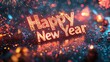 © LuvTK - Bold 'Happy New Year' text with a sparkling metallic texture, fireworks bursting overhead, glitter effects layered throughout, bright sparks reflecting on the text,