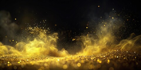 Minimalist smoke veil paint water night haze yellow color glitter dust particles mist floating on dark black abstract art background with copy space